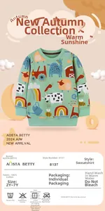 Detail of 100% cotton mint green kids sweatshirt with colorful farm animals print