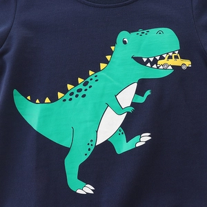 Dark blue boys sweatshirt with green cartoon T-Rex dinosaur print and ribbed neckline