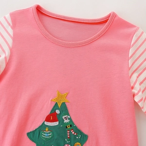 Pink long sleeve girl dress with Christmas tree embroidery and striped sleeves