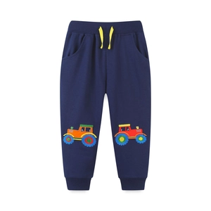 Boys navy blue cotton joggers with cartoon tractor embroidery and yellow drawstring