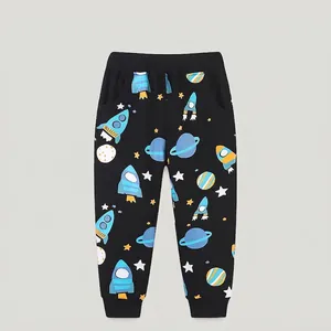 Boys Space Cartoon Print Cotton Sports Pants Toddler Kids Rocket Planet Pattern Sweatpants Black Joggers Spring Autumn
