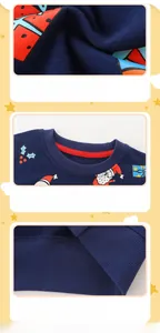 Detail view of ribbed neckline and Christmas print on navy blue toddler sweatshirt