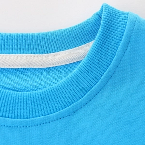 Sky blue kids long sleeve sweatshirt with elastic ribbed crew neck and neck tape