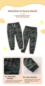 Détail du jogging camouflage pour enfants avec cordon blanc et chevilles côtelées