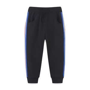 Kids black joggers with elastic waist and side tri-color stripes on white background