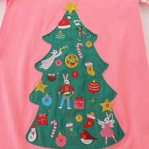 Pink girl's knit dress with embroidered Christmas tree countdown calendar design
