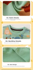 Detail of ribbed crew neck and soft fabric texture on a green cartoon animal sweatshirt