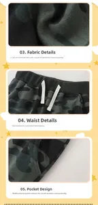 Détails du pantalon camouflage enfant avec taille côtelée, cordon et texture du tissu