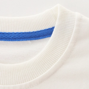 Close-up of white round neck kids sweatshirt with contrast blue inner neck tape detail