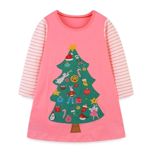 Pink striped long sleeve girls dress featuring a large festive Christmas tree applique