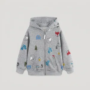 Vue détaillée du sweat à capuche gris zippé avec motifs d'animaux de dessin animé