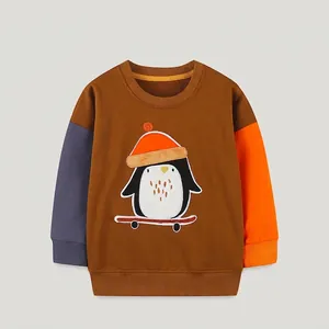 Kids long sleeve sweatshirt with color blocking and penguin embroidery in warm tones