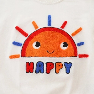 Kids white sweatshirt with sun embroidery and Happy text on cotton fabric