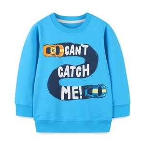 Boys long sleeve blue sweatshirt with racing car print and CAN'T CATCH ME text