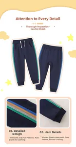 Detail of navy cotton kids joggers with drawstring waist and tricolor side stripes