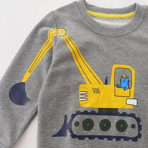 Kids grey crewneck sweatshirt featuring a yellow excavator and cat print for boys