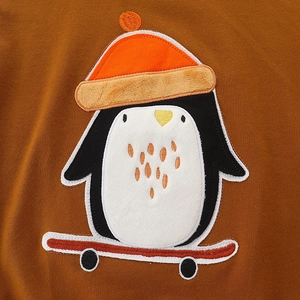 Brown toddler sweatshirt featuring a cute 3D penguin embroidery patch on soft fabric