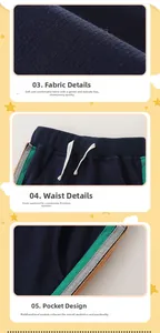 Detail of navy joggers with elastic waistband, drawstring and tricolor side stripes