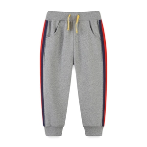 Kids grey heather sweatpants with yellow drawstring and red blue side stripes