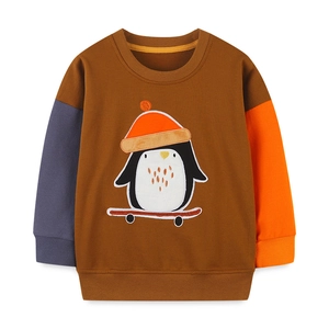 Kids brown crewneck sweatshirt featuring asymmetrical sleeves and cute penguin graphic