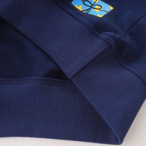Dark blue long sleeve toddler sweatshirt featuring a gift box print with ribbed cuffs
