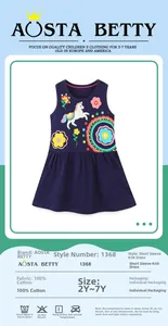 Dettaglio di un vestito in cotone blu navy per bambine con stampa unicorno