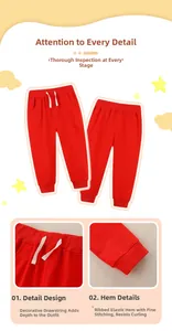 Detail of children's red jogger pants featuring white drawstring and ribbed ankle cuffs