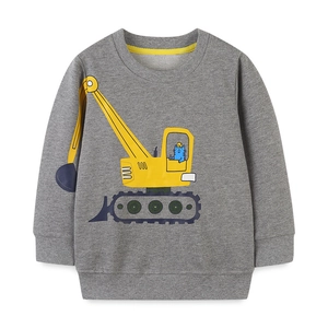 Boys grey cotton sweatshirt with yellow excavator and cat print, round neck casual top