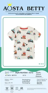 Detail view of cotton boy's t-shirt showing colorful construction vehicle prints and size chart