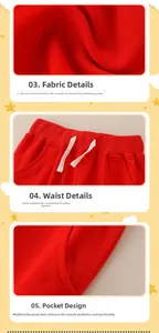 Detail of red kids joggers showing fabric texture, drawstring waist, and side pockets