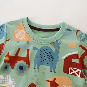 Kids long sleeve crewneck sweatshirt with light green farm theme animal and tractor print