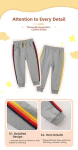 Detail of kids grey joggers showing colorful side stripes and elastic ribbed ankle cuffs