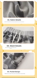 Dettagli macro dei pantaloni mimetici da ragazzo con vita elastica e maglia morbida