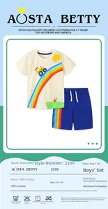 Detailed size chart and fabric info for boys 100% cotton rainbow tractor t-shirt set