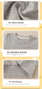 Close-up of grey knit fabric texture with ribbed neckline and hem details on girl sweatshirt