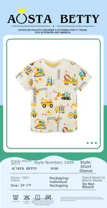 Detail eines Kinder-T-Shirts aus 100% Baumwolle mit Baustellen-Print und Größentabelle