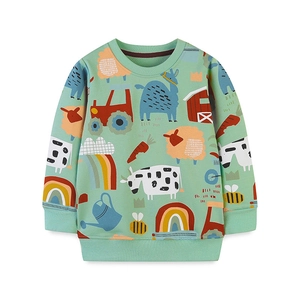 Kids long sleeve crewneck sweatshirt in light green with farm animal and tractor prints