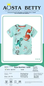 Detail of light blue 100% cotton boys' t-shirt featuring cartoon dinosaur and car prints