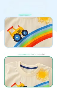 Detail of kids cotton t-shirt with rainbow and tractor print plus round neck stitching