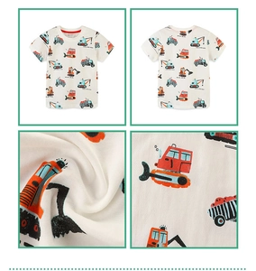 Collage of cotton t-shirt for boys showing fabric texture and construction truck prints