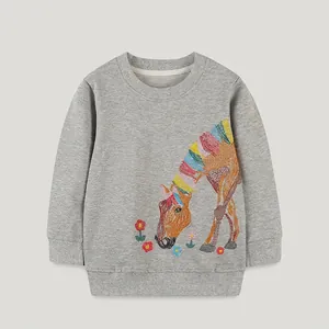Toddler Girls Casual Cotton Sweatshirt Embroidered Pony Floral Crew Neck Long Sleeve Pullover Grey Kids Autumn Top
