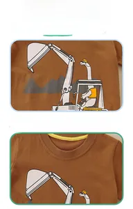 Detailed view of kids' brown cotton T-shirt featuring cartoon dinosaur and crane graphics