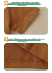Detail of double-needle stitching and overlock seams on a brown cotton kids T-shirt