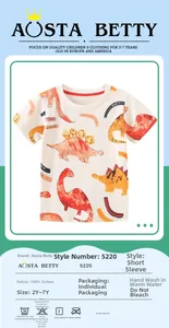 Close-up of kids 100% cotton T-shirt with cartoon dinosaur print and ribbed crew neck