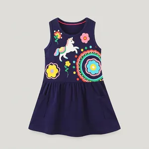 Abito Senza Maniche in Cotone Estivo per Bambine Cartoon Unicorno Stampa Floreale Abito a Gilet Principessa Blu Marino Casual