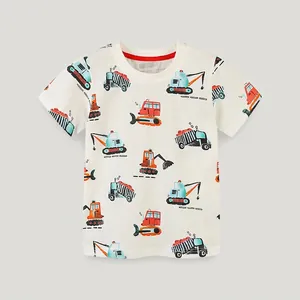 Boys Summer Cotton Short Sleeve T-Shirt Cartoon Construction Vehicle Pattern Round Neck Casual Top Toddler Kids Clothing