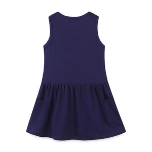 Abito senza maniche blu scuro per bambine con tasche laterali e gonna a pieghe