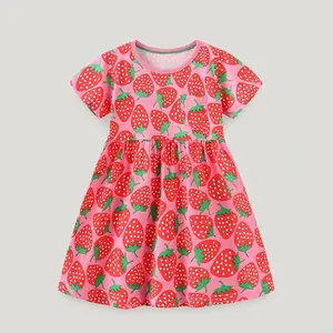 Robe à Manches Courtes en Coton Tricoté d'été pour Petites Filles Robe Patchwork Princesse Trapèze Imprimé Fraises pour Enfants