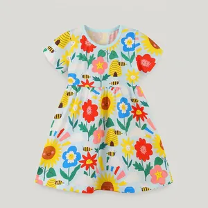 Girls Cartoon Sunflower Print Cotton Princess Dress Soft Knit Short Sleeve Summer A-Line Dress Kids Casual Everyday Outfit