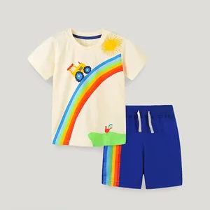 Boys Summer Cotton Short Sleeve T-Shirt And Shorts Set Cartoon Tractor Rainbow Print Casual Two Piece Outfit For Kids